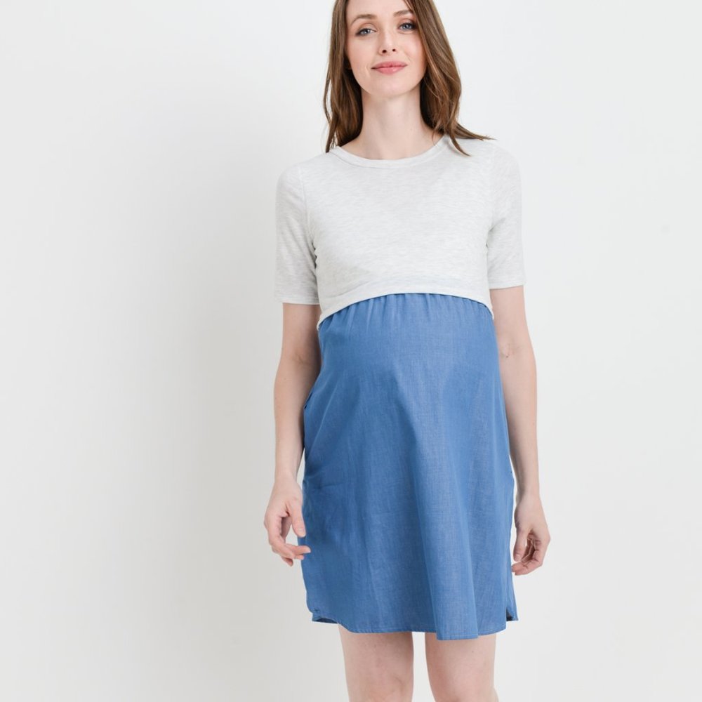 <CMD1886A> DENIM MATERNITY/NURSING MINI POCKET DRESS